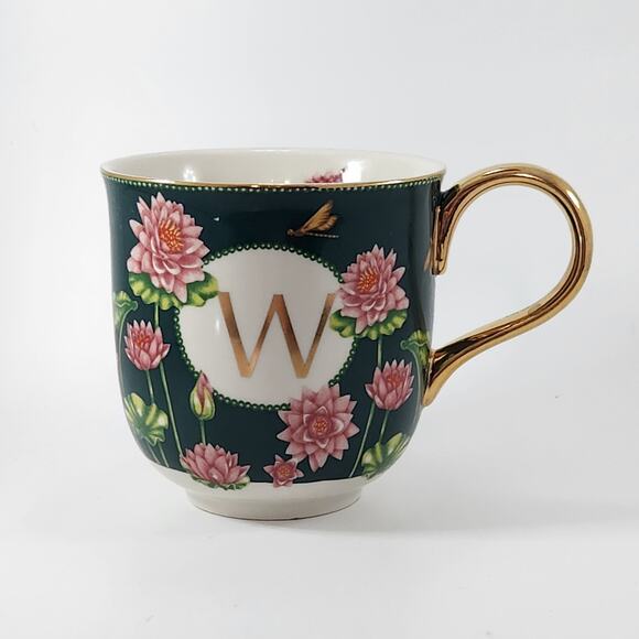 Anthropologie Lou Rota Monogram Mug “W” Green Floral Lotus Design w/ Gold Handle - Picture 8 of 8